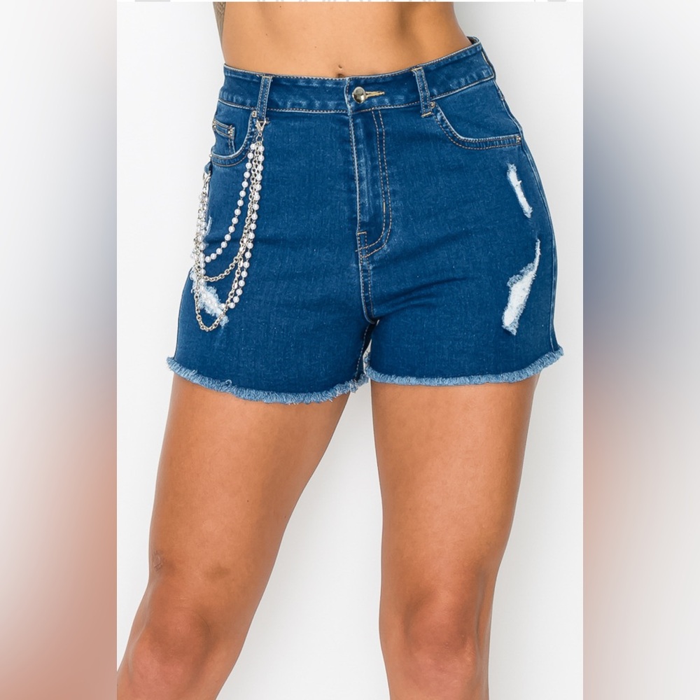 Blue Distressed Denim Shorts with Pearl Chain